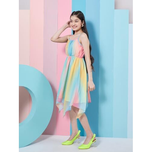 Pspeaches Girl's Striped Shoulder Strap Crepe Fit Flare Midi Dress Stylish Casual Wear (8-9Years) Multicolour