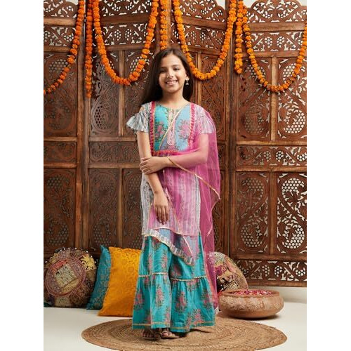 Pspeaches Girl's Cotton Shrara Set (Sha-Bluepinkboota-7-8Y_Blue