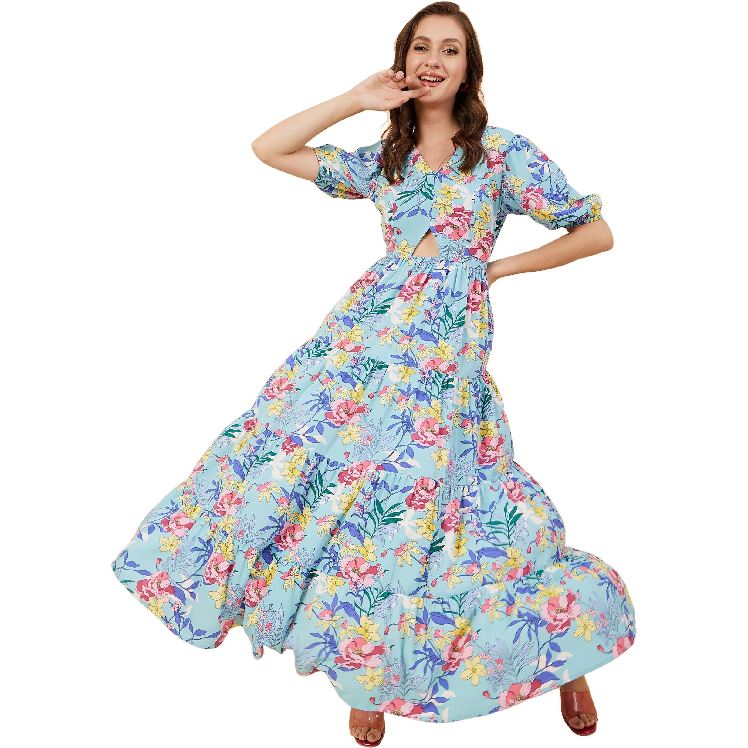 Rare Women's Crepe Fit And Flare Maxi Casual Dress (Ep8001B_Turq_Xl)