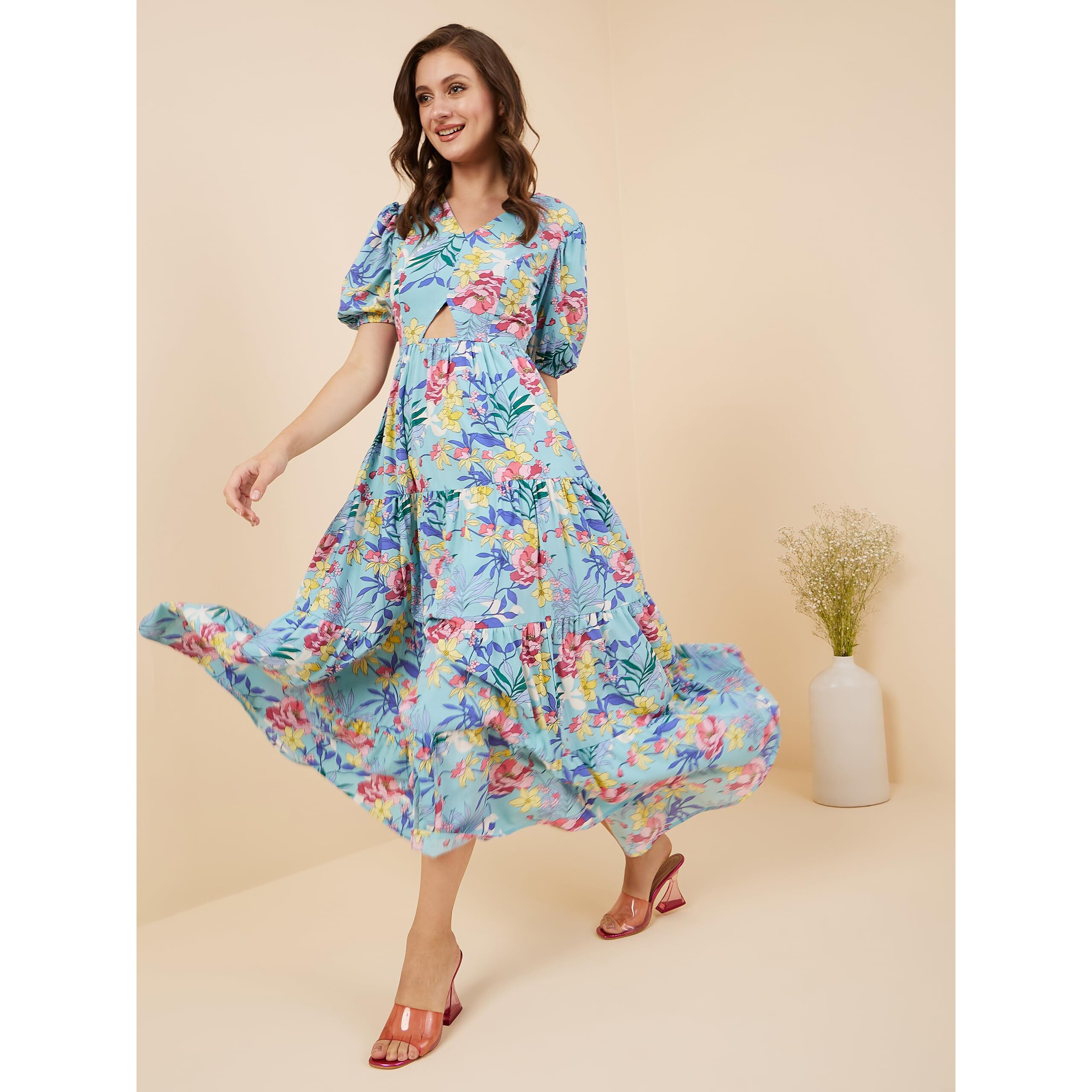 Rare Women's Crepe Fit And Flare Maxi Casual Dress (Ep8001B_Turq_Xl)