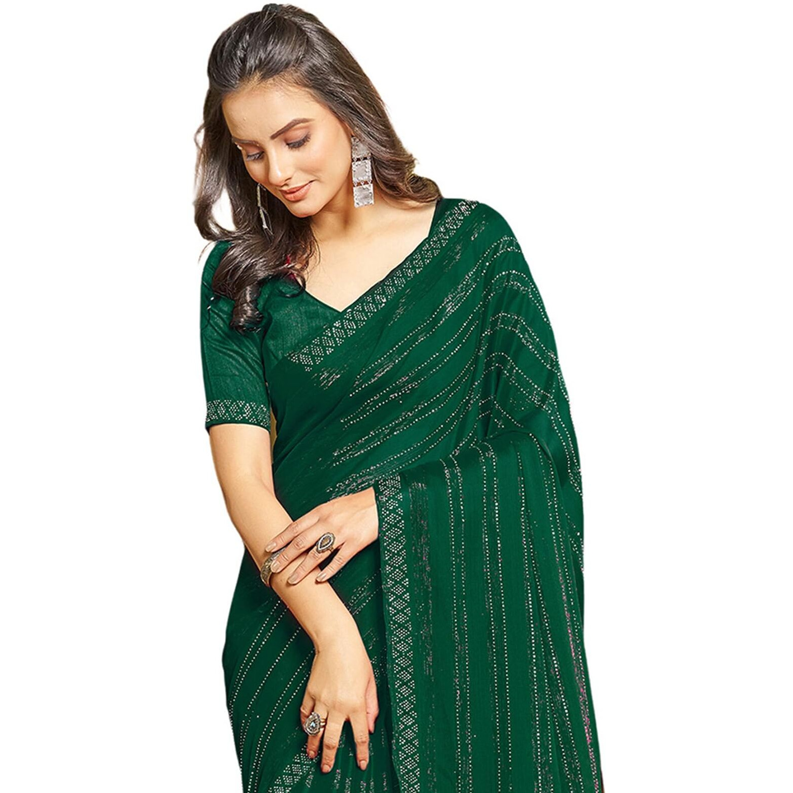 Satrani Women's Chiffon Dyed & Hot Fixing & Zari Saree With Unstitched Blouse Piece (3397S247N_Dark Green)