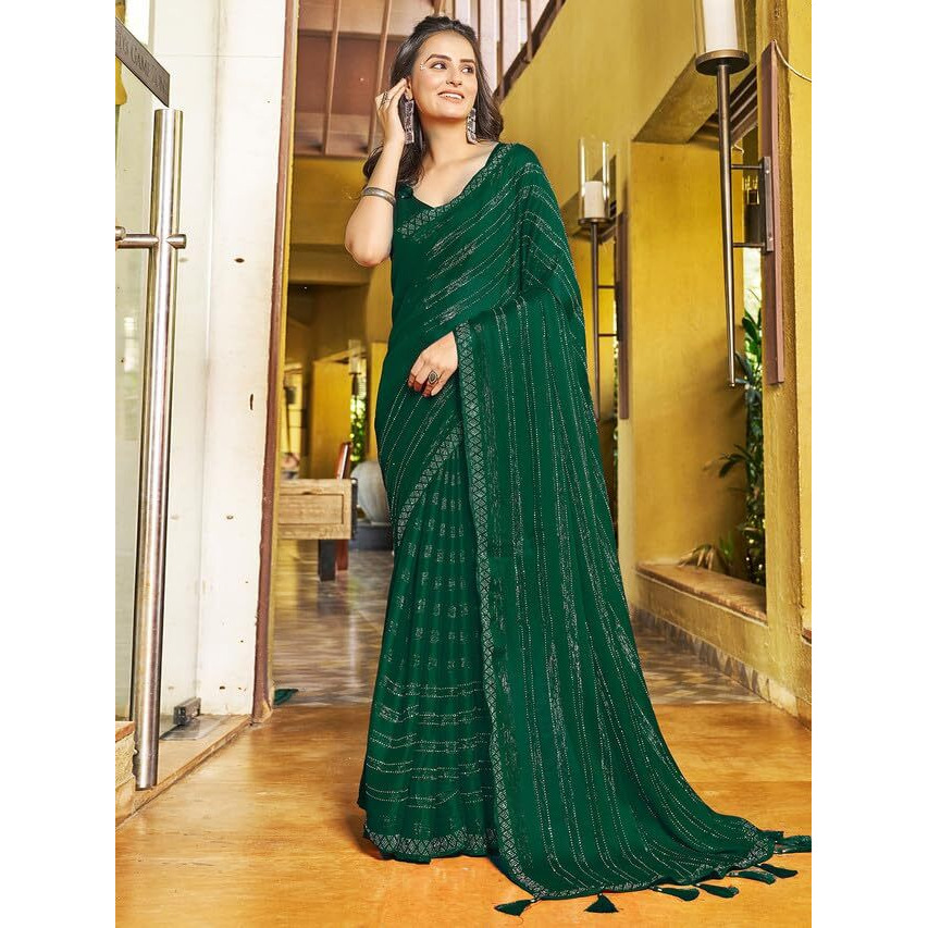 Satrani Women's Chiffon Dyed & Hot Fixing & Zari Saree With Unstitched Blouse Piece (3397S247N_Dark Green)