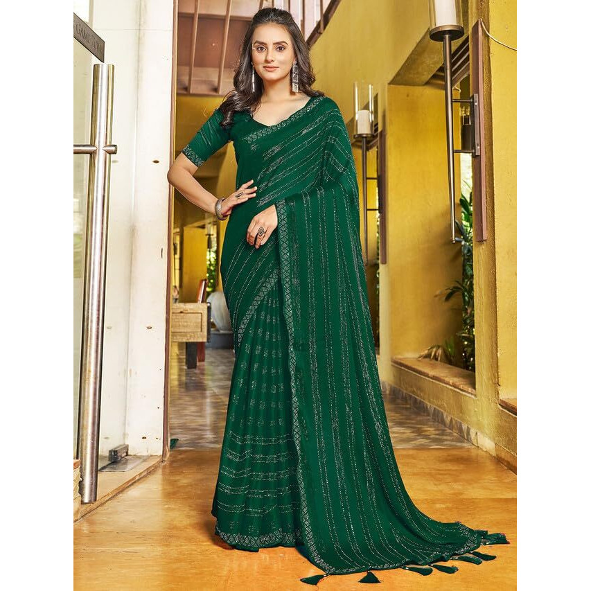 Satrani Women's Chiffon Dyed & Hot Fixing & Zari Saree With Unstitched Blouse Piece (3397S247N_Dark Green)