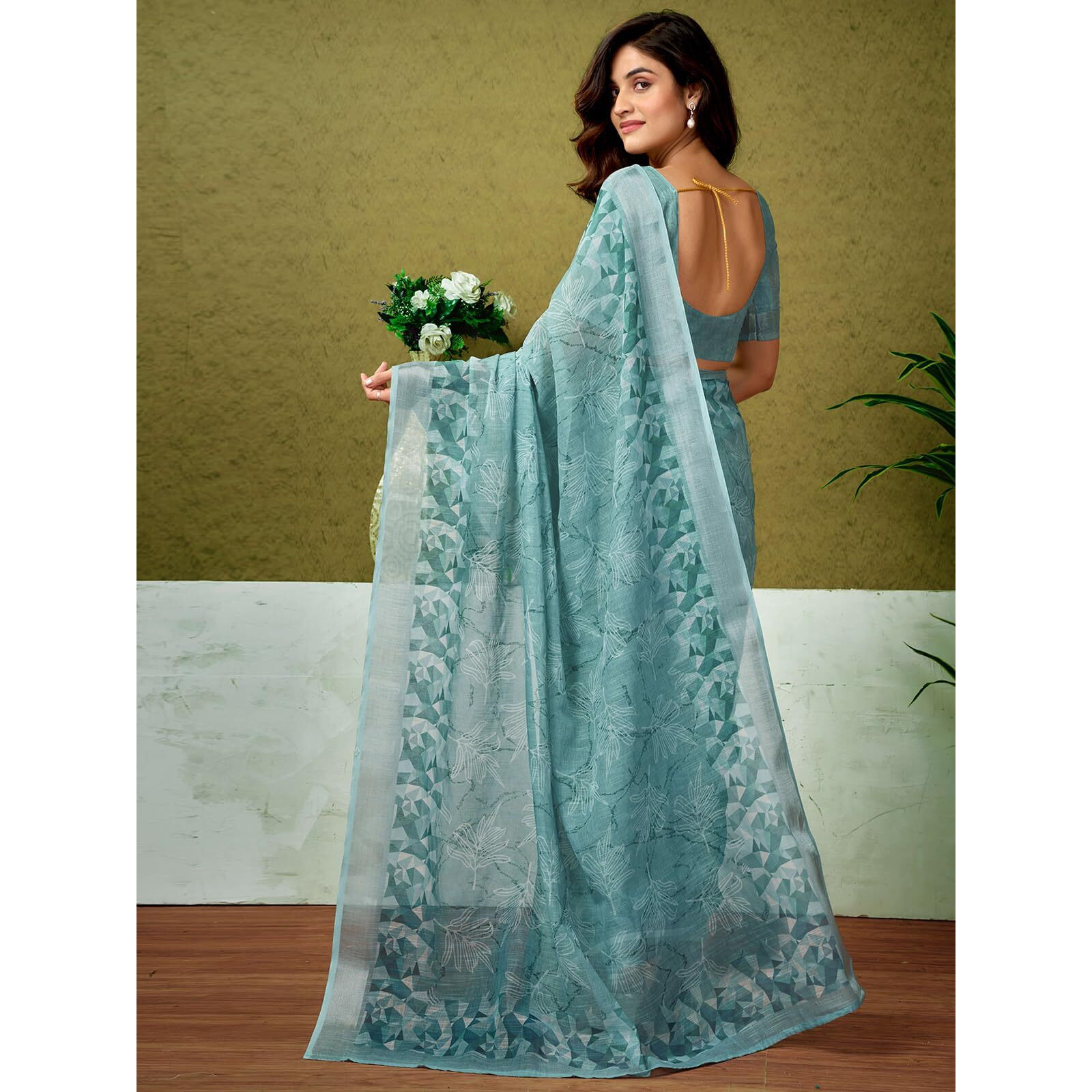 Satrani Women's Linen Zari Border Printed Ready To Wear One Minute Pre Pleated Readymade Saree With Unstitched Blouse Piece (33Rs318N_Dusty Blue)