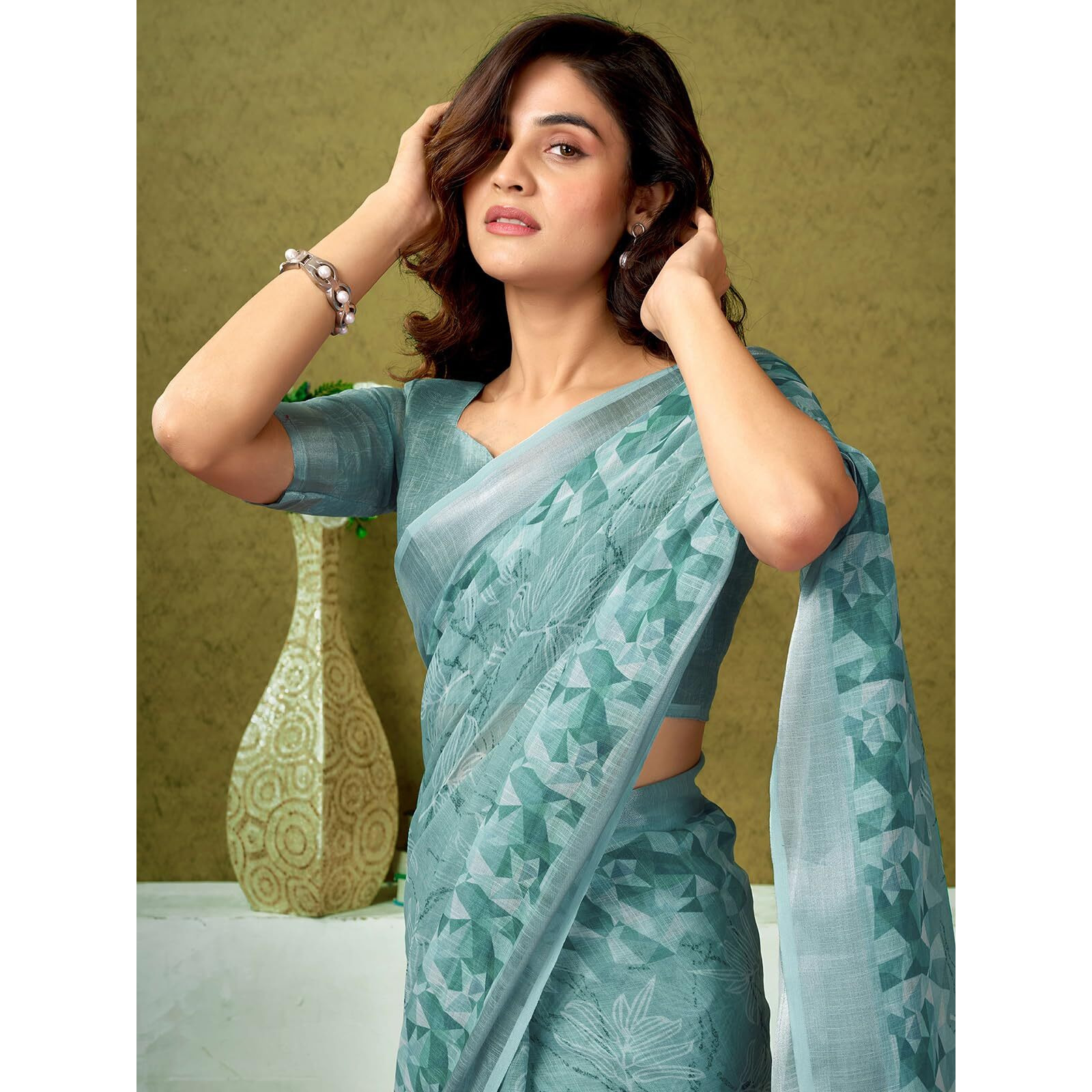 Satrani Women's Linen Zari Border Printed Ready To Wear One Minute Pre Pleated Readymade Saree With Unstitched Blouse Piece (33Rs318N_Dusty Blue)