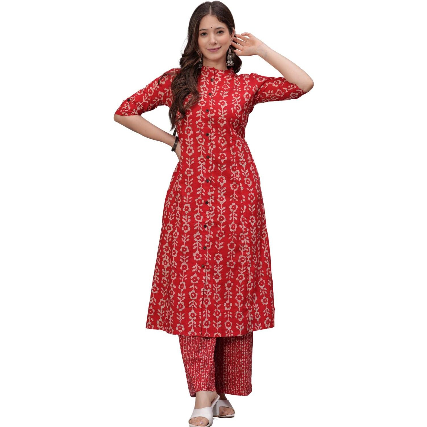 Rytras Women's Pure Cotton Printed A-Line Kurta Set With Palazzo Pants - Ethnic Wear, Red(Ryt622-New,M)