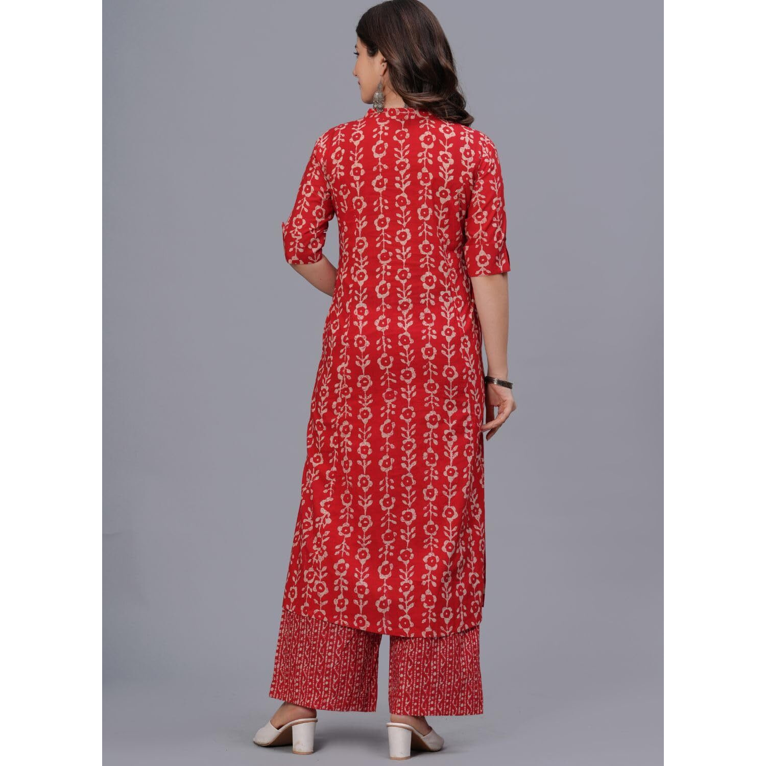 Rytras Women's Pure Cotton Printed A-Line Kurta Set With Palazzo Pants - Ethnic Wear, Red(Ryt622-New,M)