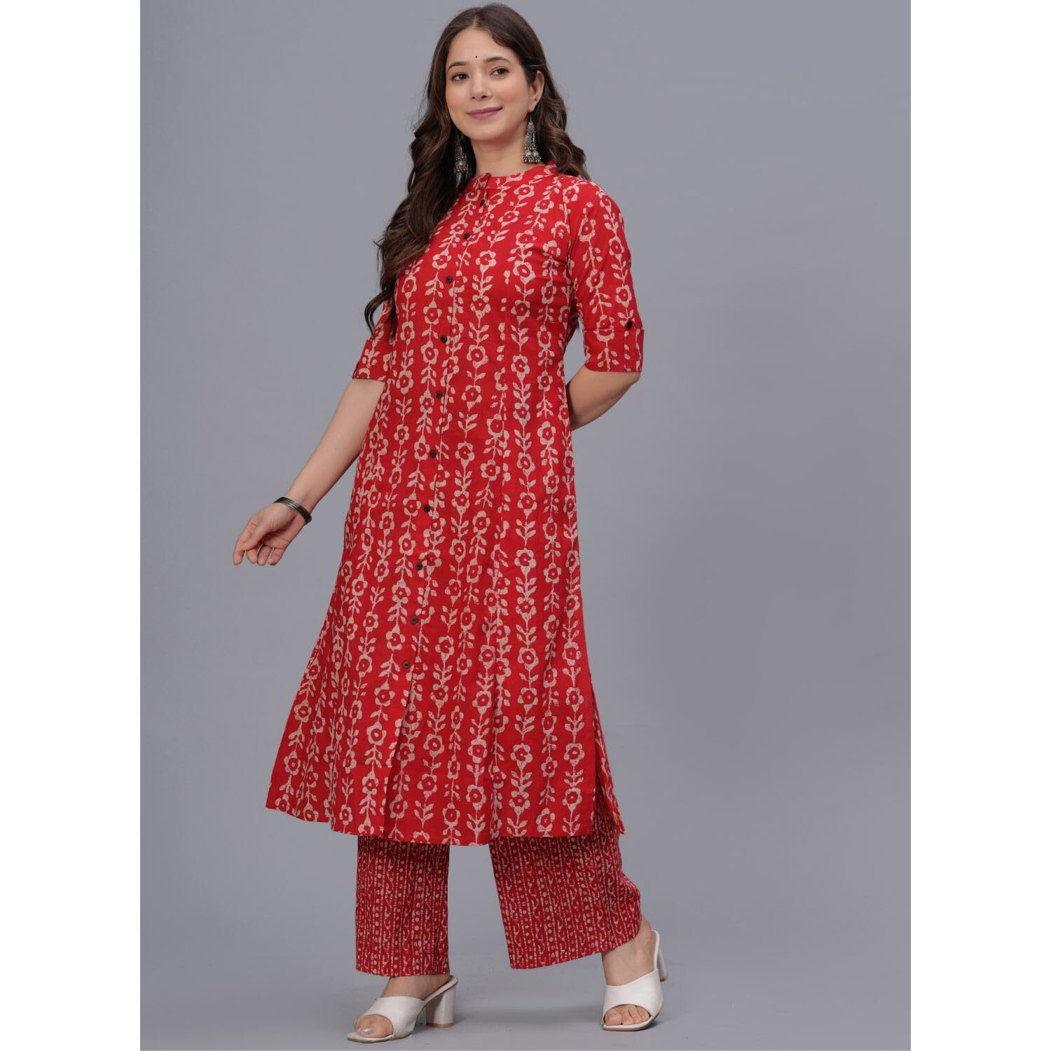 Rytras Women's Pure Cotton Printed A-Line Kurta Set With Palazzo Pants - Ethnic Wear, Red(Ryt622-New,M)