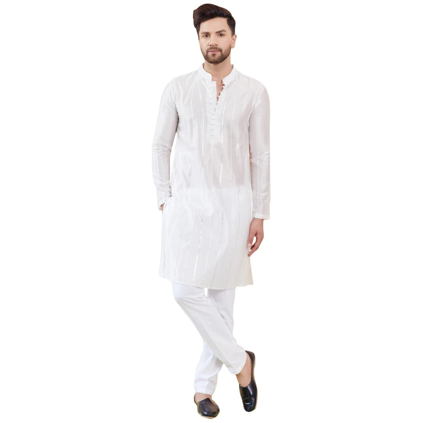 See Designs Men Long Sleeve Side Slit Mandarin Collar Off White Sequins Embroidered Chanderi Silk Straight Kurta - Sdkt2472Xl