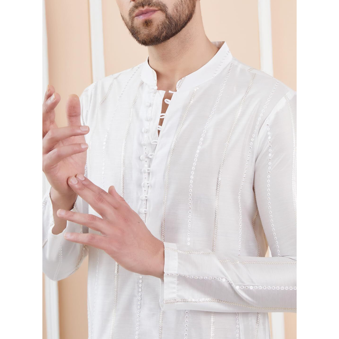 See Designs Men Long Sleeve Side Slit Mandarin Collar Off White Sequins Embroidered Chanderi Silk Straight Kurta - Sdkt2472Xl