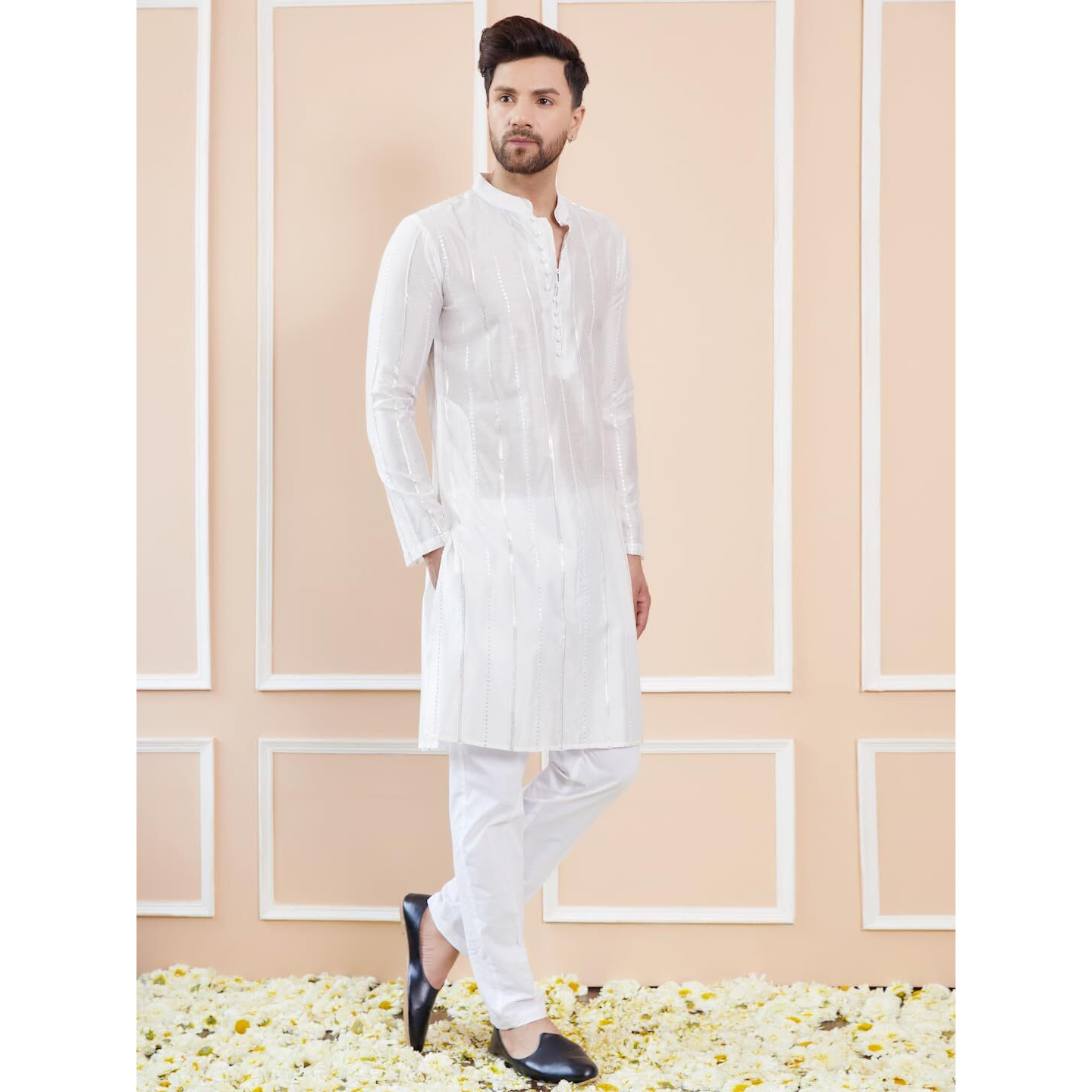 See Designs Men Long Sleeve Side Slit Mandarin Collar Off White Sequins Embroidered Chanderi Silk Straight Kurta - Sdkt2472Xl