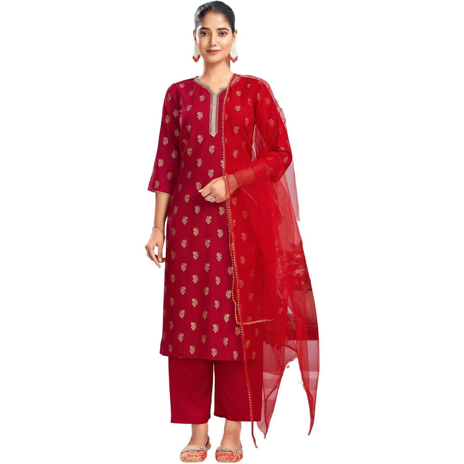 Sanisa Women's Chinnon Foil Printed Straight Kurta With Pant And Dupatta Set (184Kbd1961Nr-Xxl_Cherry Red)