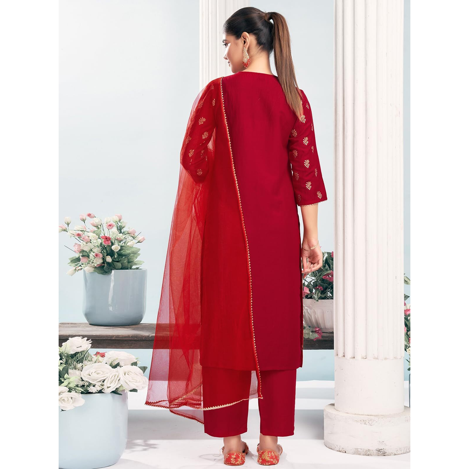 Sanisa Women's Chinnon Foil Printed Straight Kurta With Pant And Dupatta Set (184Kbd1961Nr-Xxl_Cherry Red)