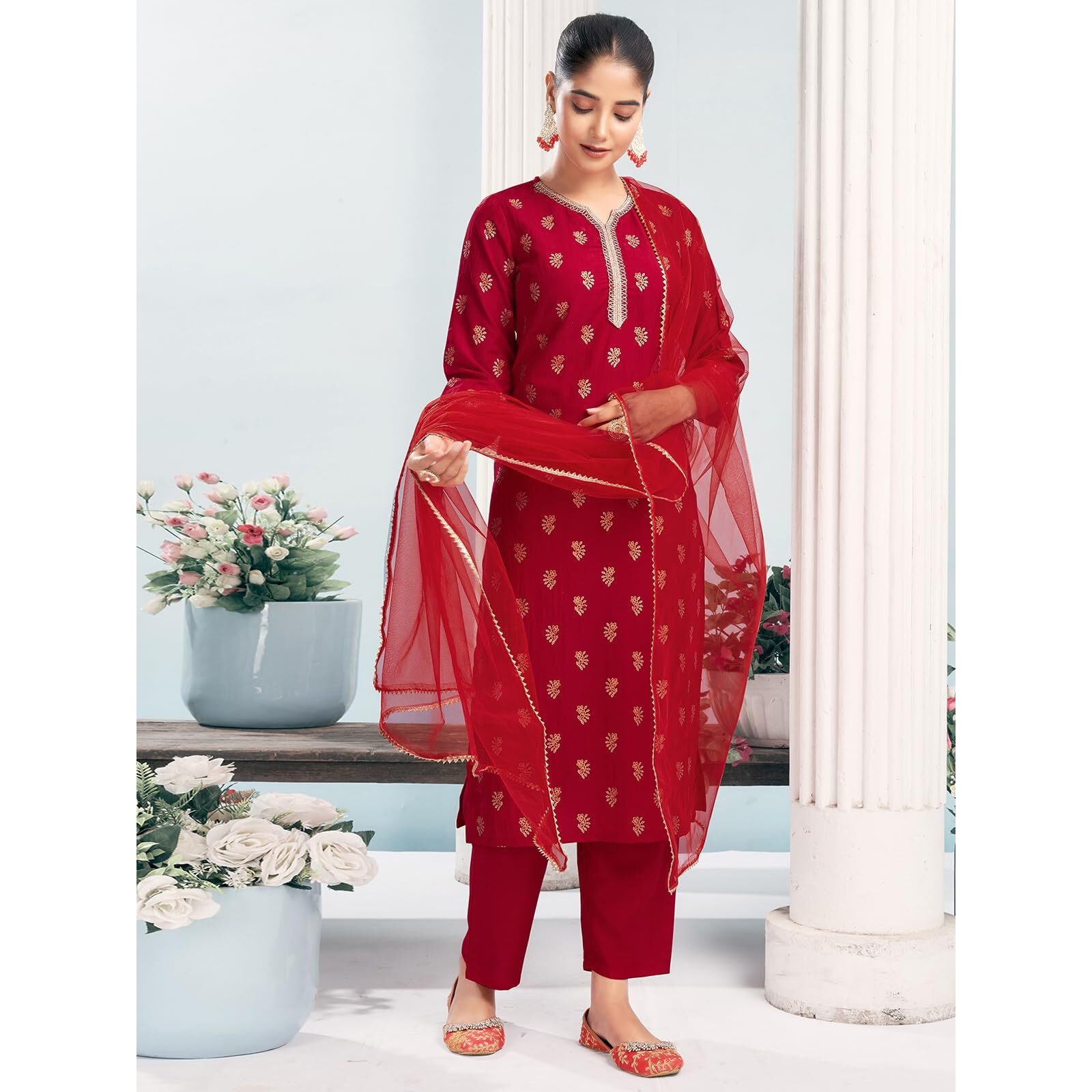 Sanisa Women's Chinnon Foil Printed Straight Kurta With Pant And Dupatta Set (184Kbd1961Nr-Xxl_Cherry Red)