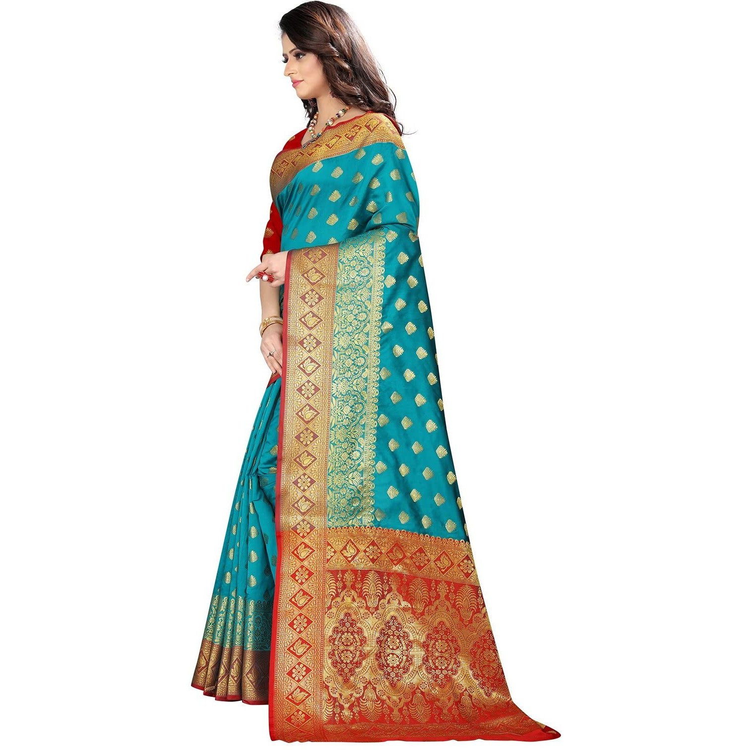 Shasmi Firozi And Maroon Woven Kanjivaram Silk Blend Saree (San Pari 9023 Firozi Maroon)