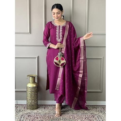 Shiv Textiles Women's Wine Desinger Viscose Chandderi Desinger Ethnic Wear Kurta With Pant & Duppata (Jd-Emily-Wine-L)