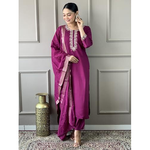 Shiv Textiles Women's Wine Desinger Viscose Chandderi Desinger Ethnic Wear Kurta With Pant & Duppata (Jd-Emily-Wine-L)