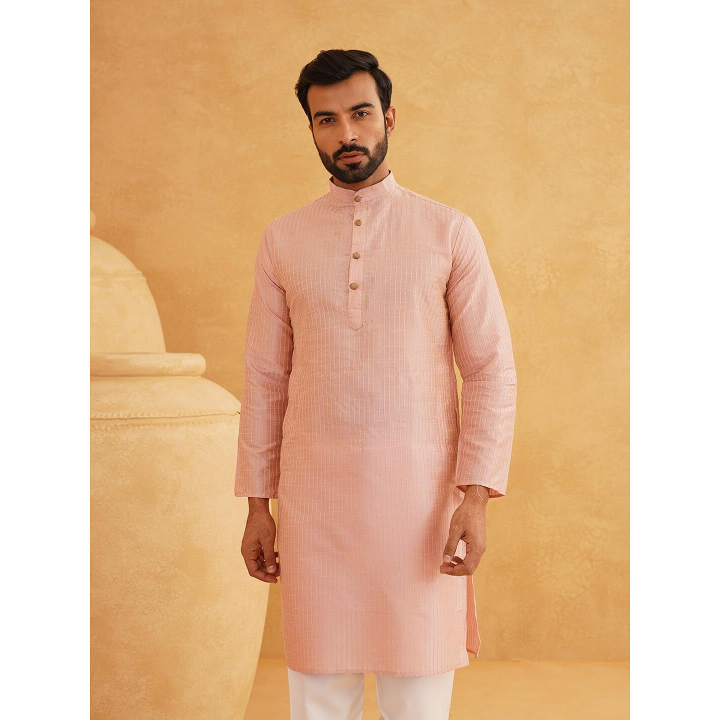 Sojanya (Since 1958 Men's Silk Blend Striped Pink Only Long Kurta