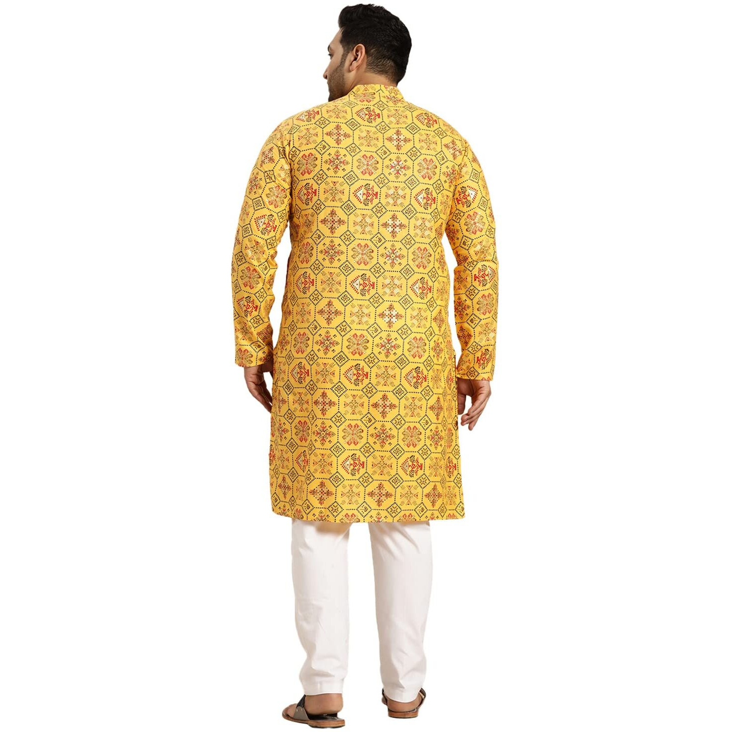 Sojanya Plus (Since 1958) Men's Cotton Linen Yellow And Multi Printed Kurta And White Pyjama Set