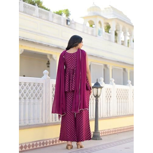 Stylum Women's Ethnic Motifs Printed Rayon Sleeveless Kurta Palazzo Dupatta Set (Kpdwinesamia42_Wine, Xl)