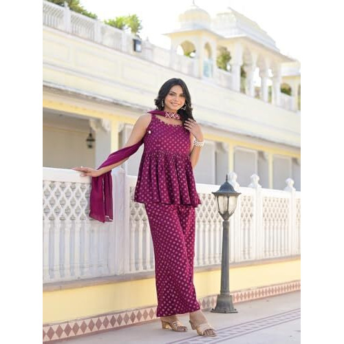 Stylum Women's Ethnic Motifs Printed Rayon Sleeveless Kurta Palazzo Dupatta Set (Kpdwinesamia42_Wine, Xl)