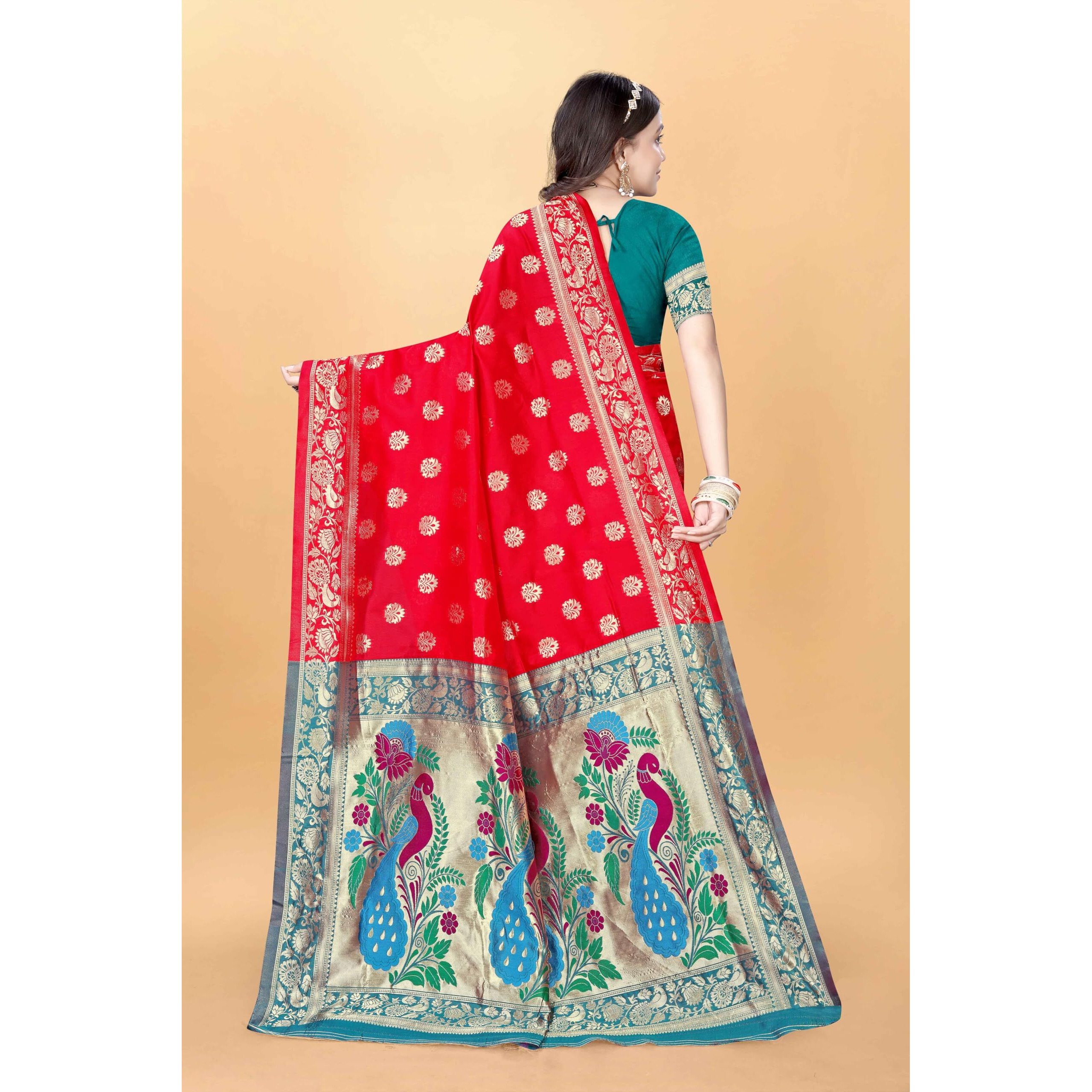 Sugathari Women's Banarasi Saree Pure Paithani Kanjivaram Silk Soft New Ladies 2024 Design Wear Pattu Sarees Latest Cotton Party Sari Collections With Blouse Piece For Wedding Sadi (Pari-203 Red)