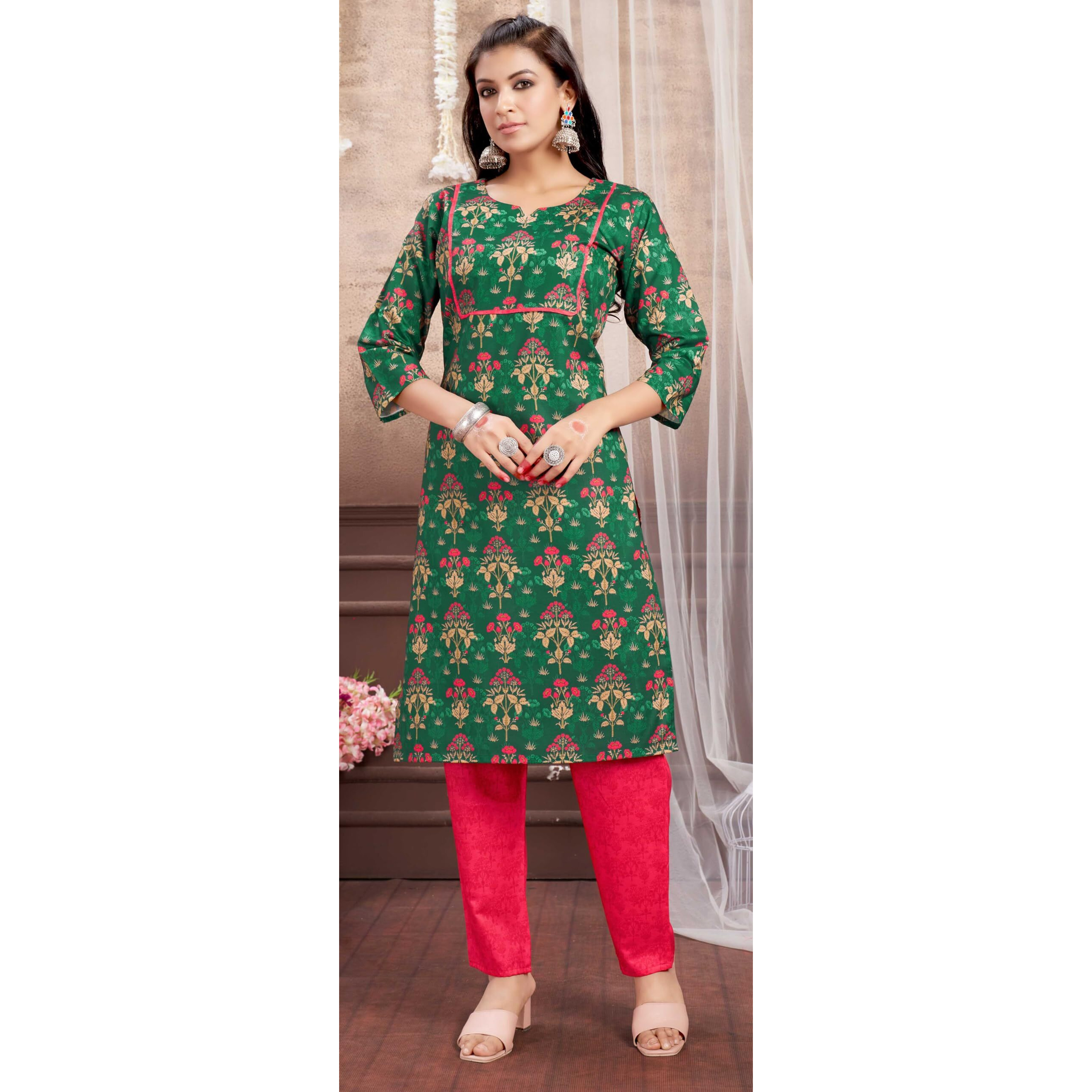 Sugathari Women's Dress Green Round Neck Salwar Suit Set For Women (Salwarsuit 101 Green Red Xl)