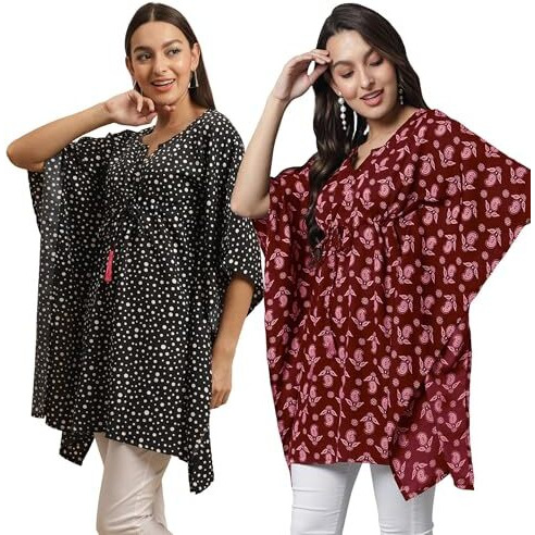 Tee Projekt Casual Crepe Kimino Sleeves Women's Kaftan Dress Ll Kaftan Casual & Everyday Kurta (Pack Of 2)