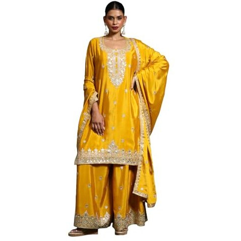 Varanga Women Zari Embroidered Yoke With Border Kurta With Sharara And Dupatta