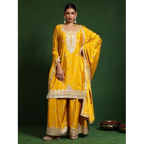 Varanga Women Zari Embroidered Yoke With Border Kurta With Sharara And Dupatta