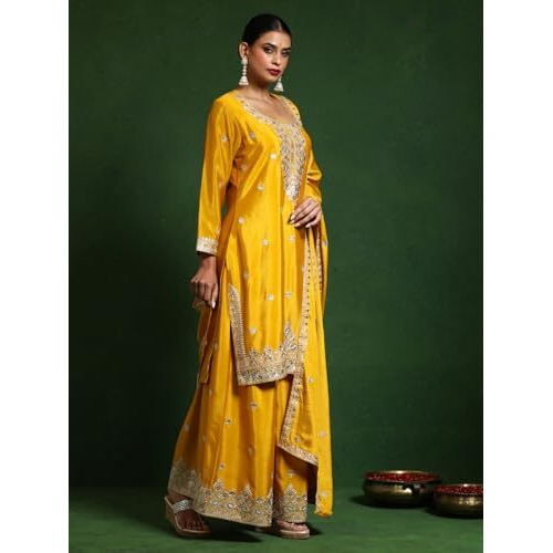 Varanga Women Zari Embroidered Yoke With Border Kurta With Sharara And Dupatta