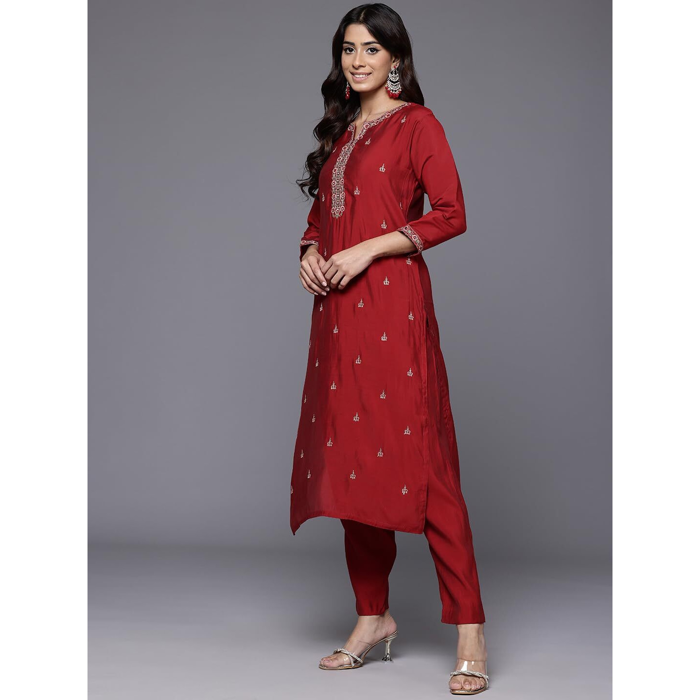 Varanga Women Red Round Neck Placement Embroidered Kurta Paired With Tonal Bottom & Printed Dupatta