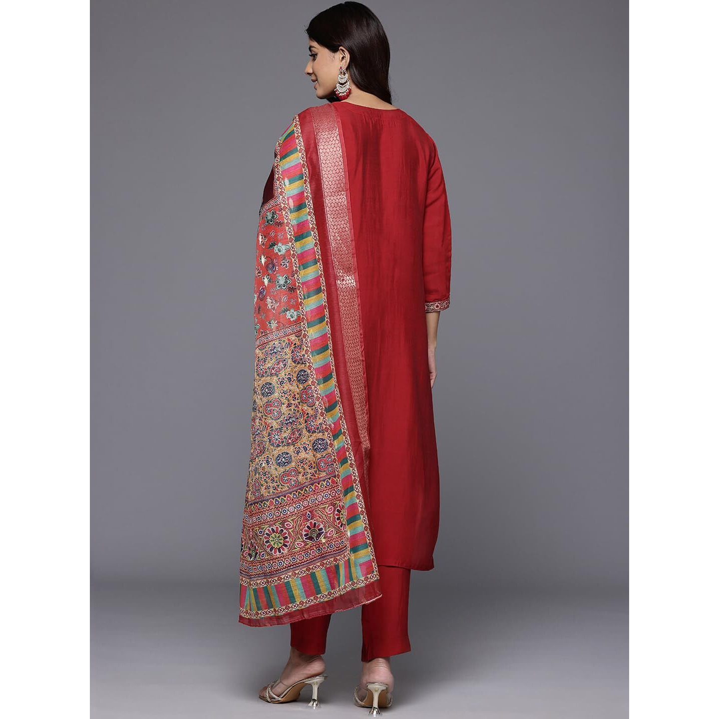 Varanga Women Red Round Neck Placement Embroidered Kurta Paired With Tonal Bottom & Printed Dupatta