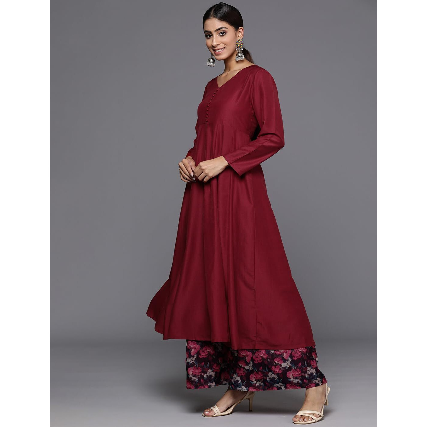 Varanga Women Maroon Anarkali Kurta Paired With Contrast Bottom And Dupatta