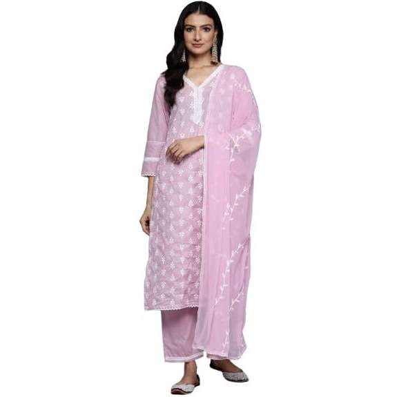 Varanga Women's Pink V Neck Thread Embroidered Kurta With Three Fourth Sleeve And Bottom With Dupatta.