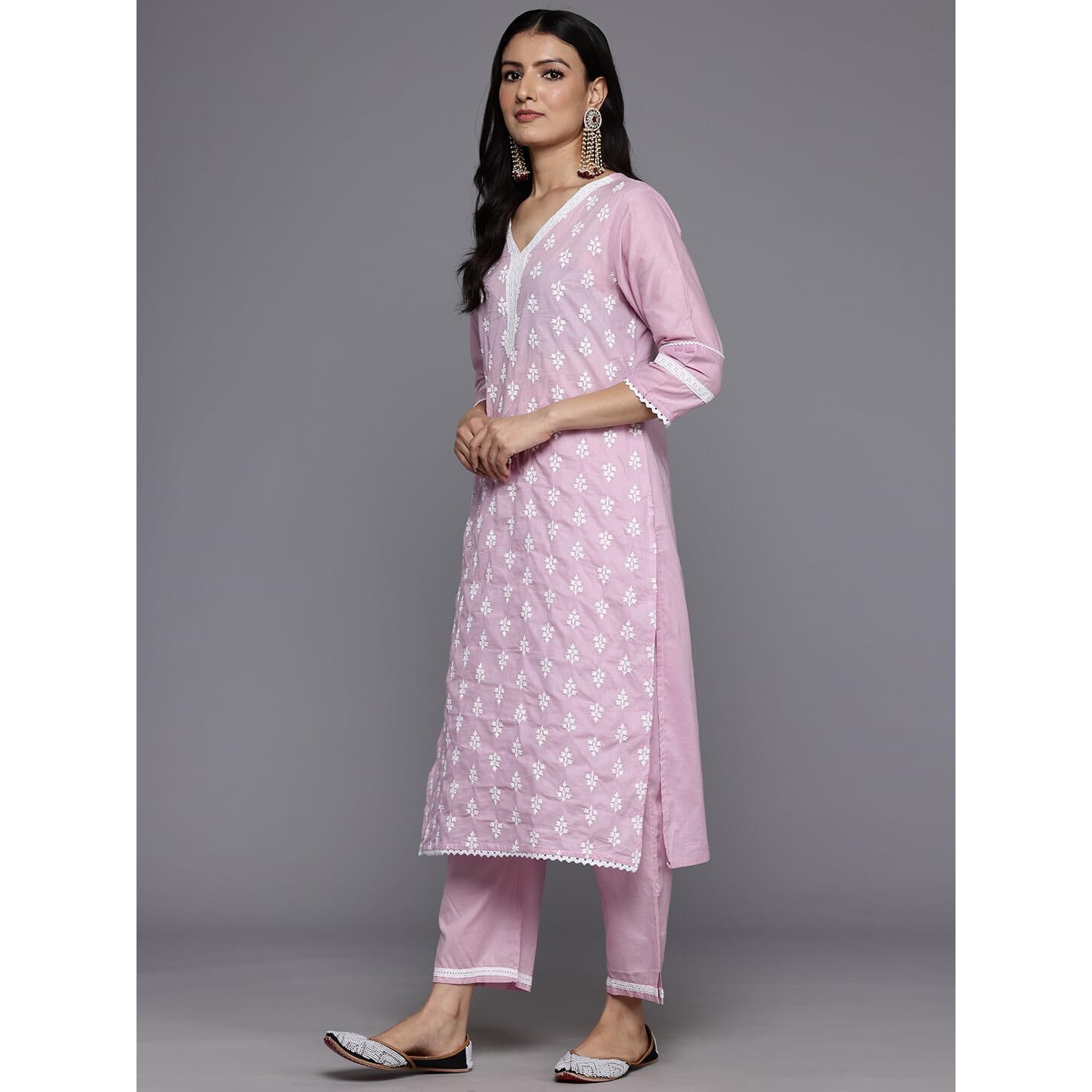 Varanga Women's Pink V Neck Thread Embroidered Kurta With Three Fourth Sleeve And Bottom With Dupatta.