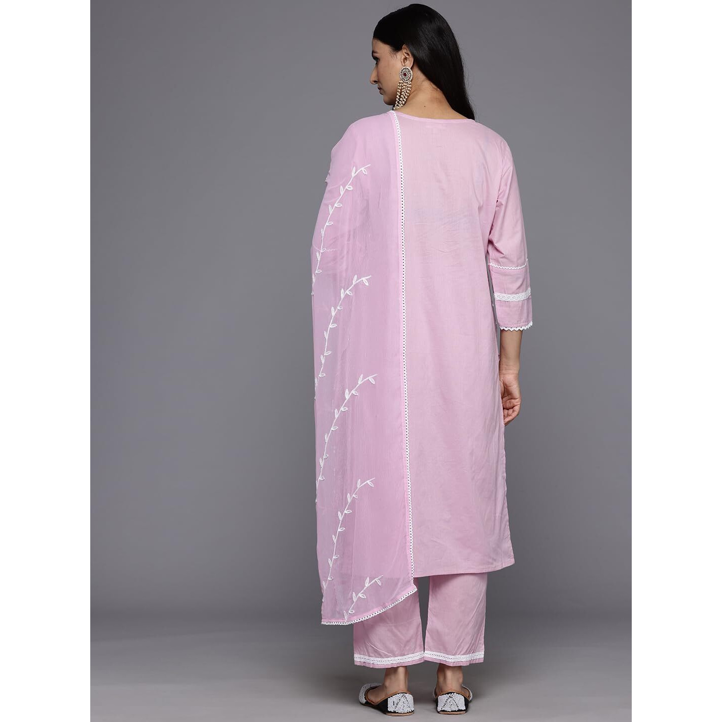 Varanga Women's Pink V Neck Thread Embroidered Kurta With Three Fourth Sleeve And Bottom With Dupatta.