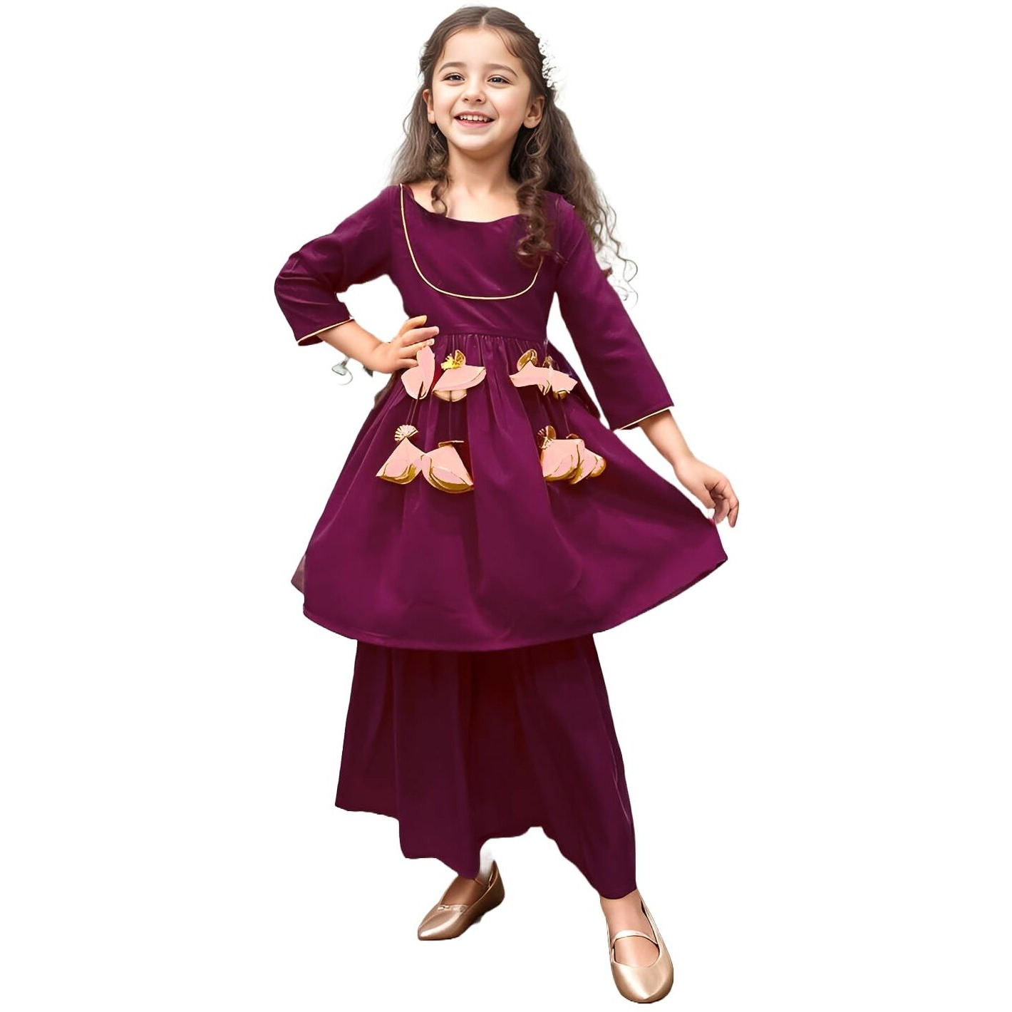 A.T.U.N. (All Things Uber Nice) A.T.U.N. Girls Wine Kurta With Sharara Set