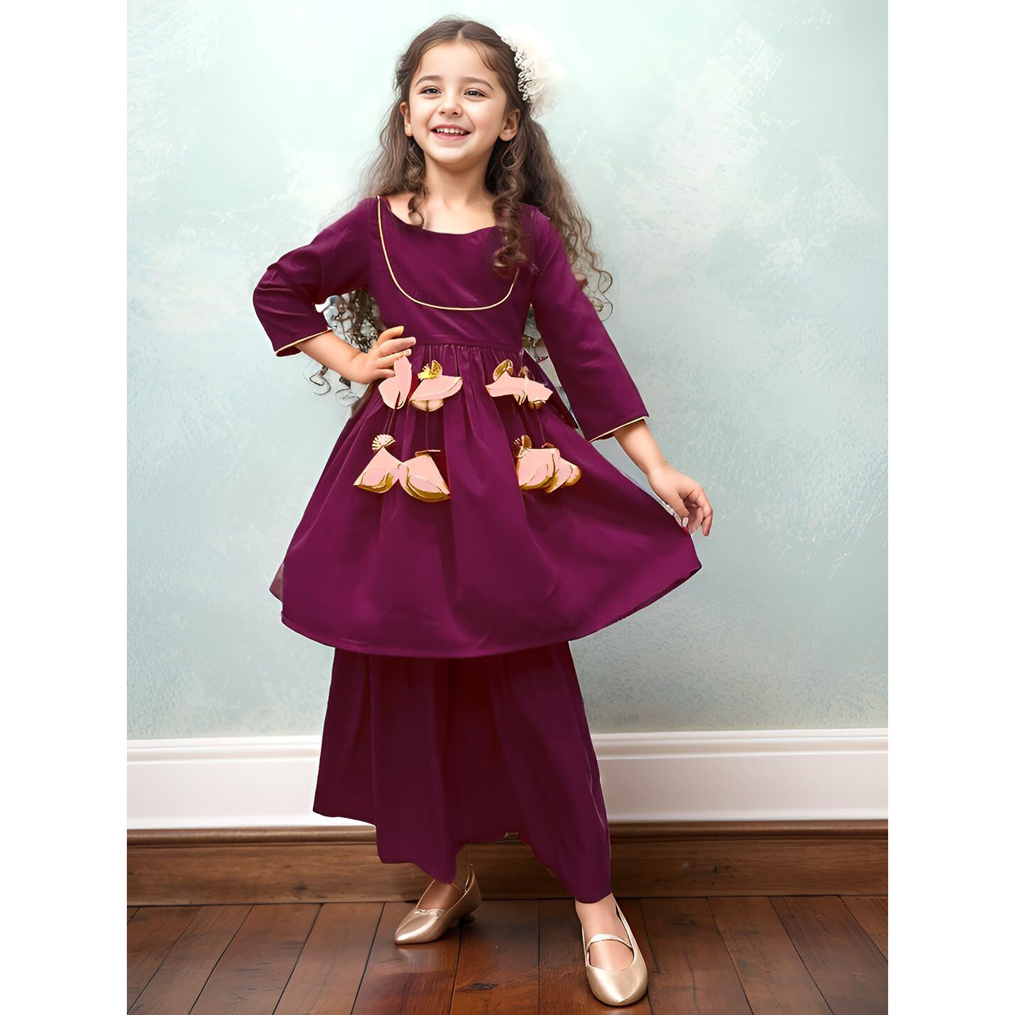 A.T.U.N. (All Things Uber Nice) A.T.U.N. Girls Wine Kurta With Sharara Set