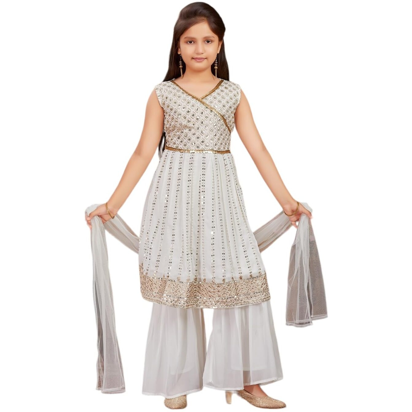 Aarika Girls Ethnic Wear Off White Colour Sequins Zari Embroidery Georgette Kurti Sharara Set (6-13 Years)
