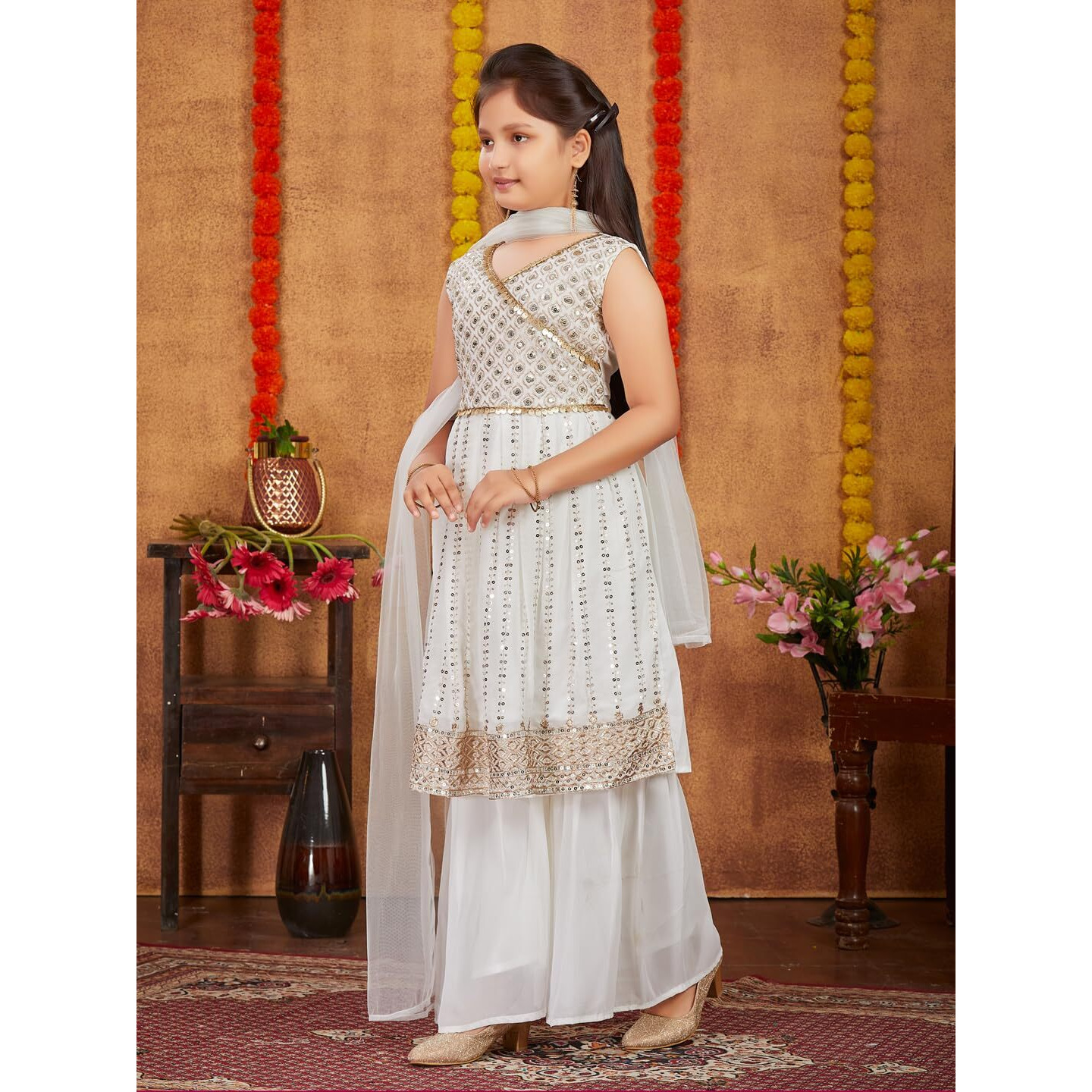 Aarika Girls Ethnic Wear Off White Colour Sequins Zari Embroidery Georgette Kurti Sharara Set (6-13 Years)