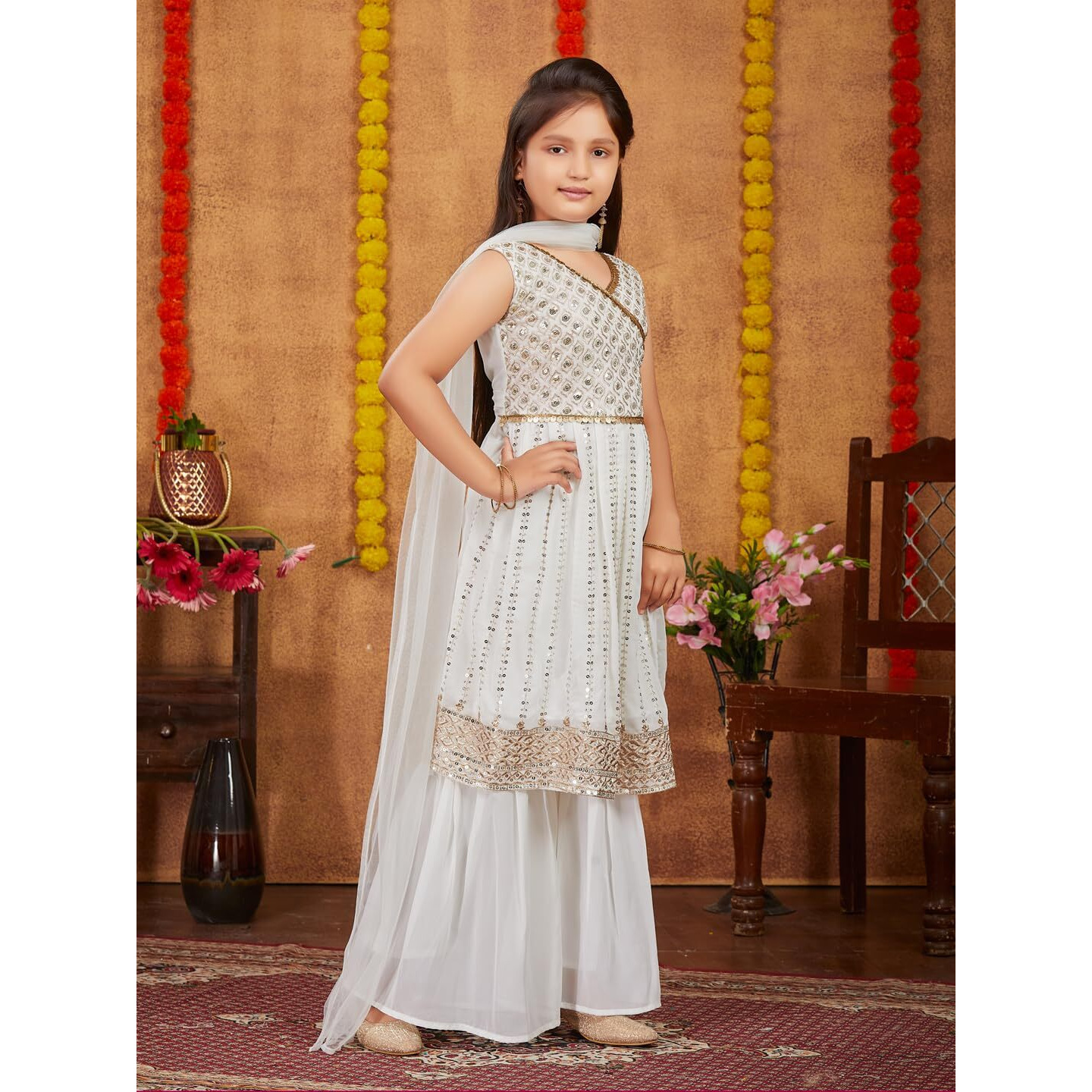 Aarika Girls Ethnic Wear Off White Colour Sequins Zari Embroidery Georgette Kurti Sharara Set (6-13 Years)