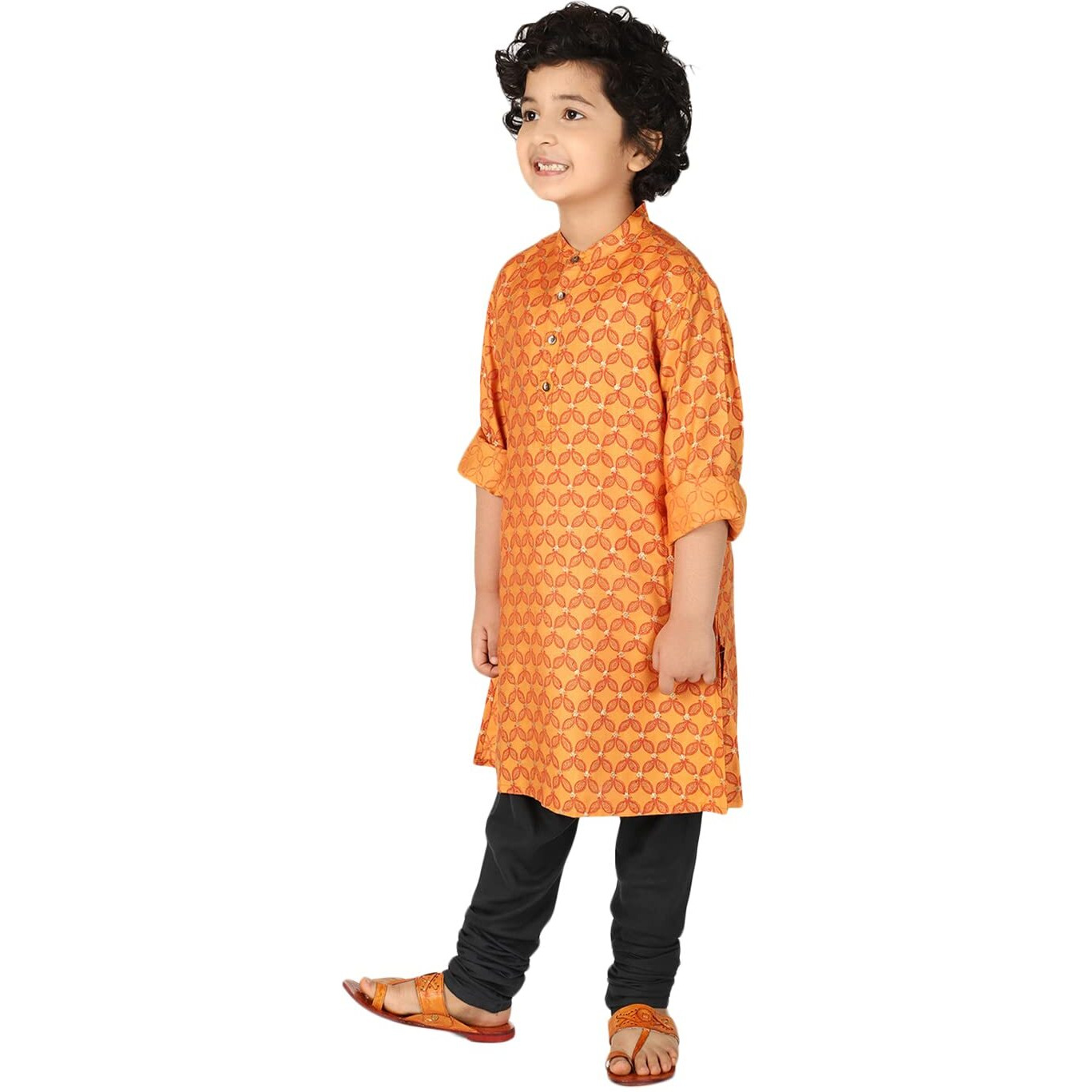 Fabindia Boy's Viscose Silk Printed Regular Kurta_Orange_2-3 Year