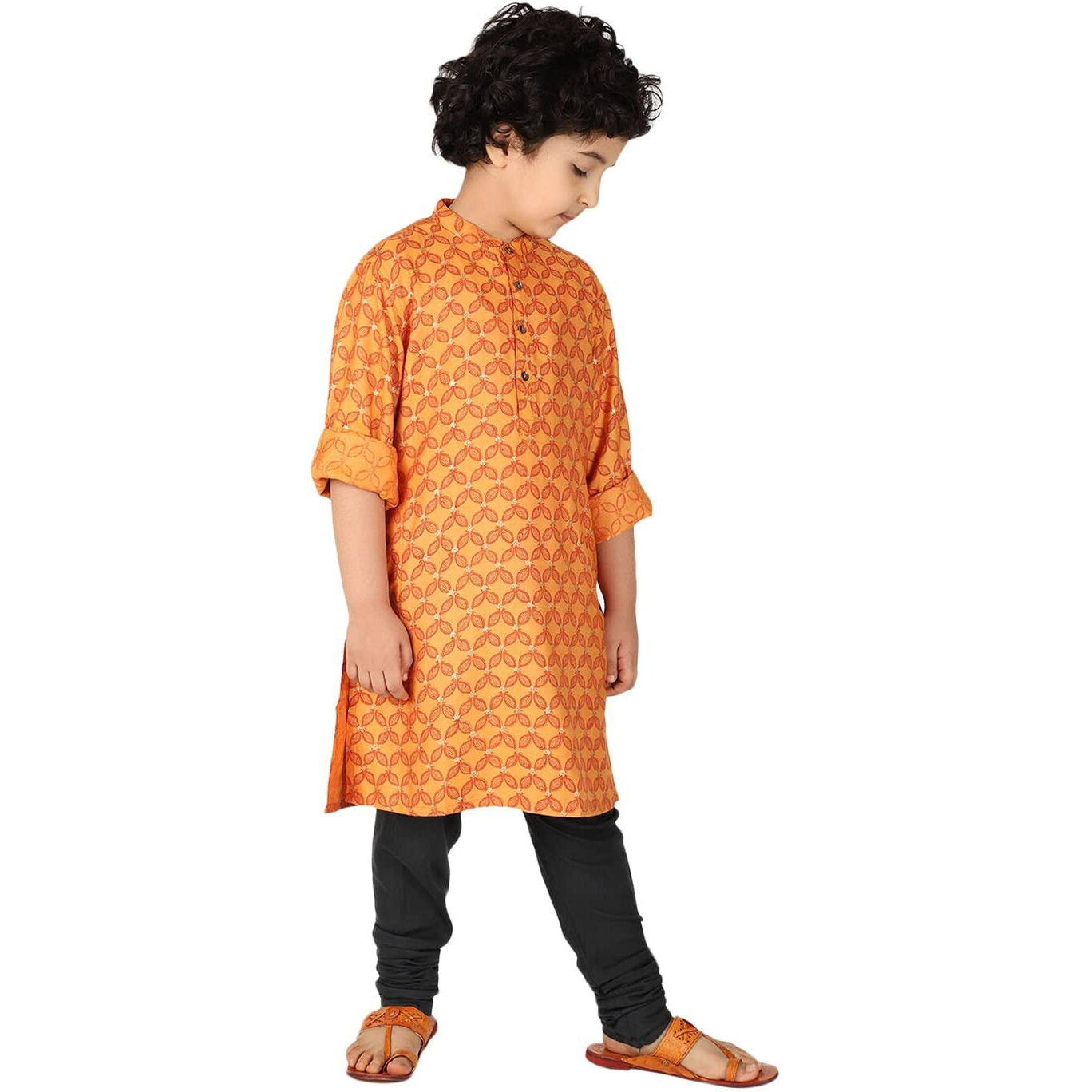 Fabindia Boy's Viscose Silk Printed Regular Kurta_Orange_2-3 Year