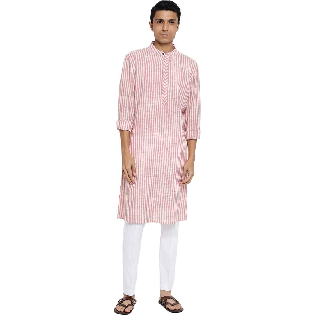Fabindia Men Cotton Chinese Collar Long Kurta Pink_Xs