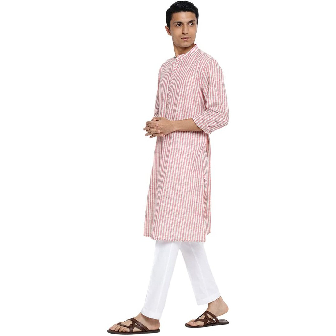 Fabindia Men Cotton Chinese Collar Long Kurta Pink_Xs