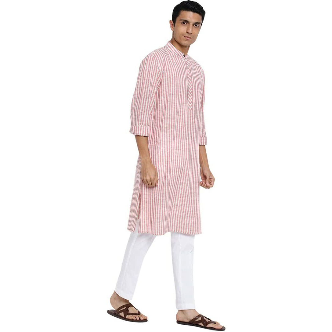 Fabindia Men Cotton Chinese Collar Long Kurta Pink_Xs