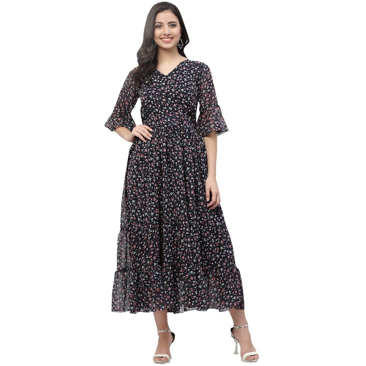 I Enterprise Women's Georgette Fit And Flare Maxi Casual Dress (Ak/Ma32M_Black