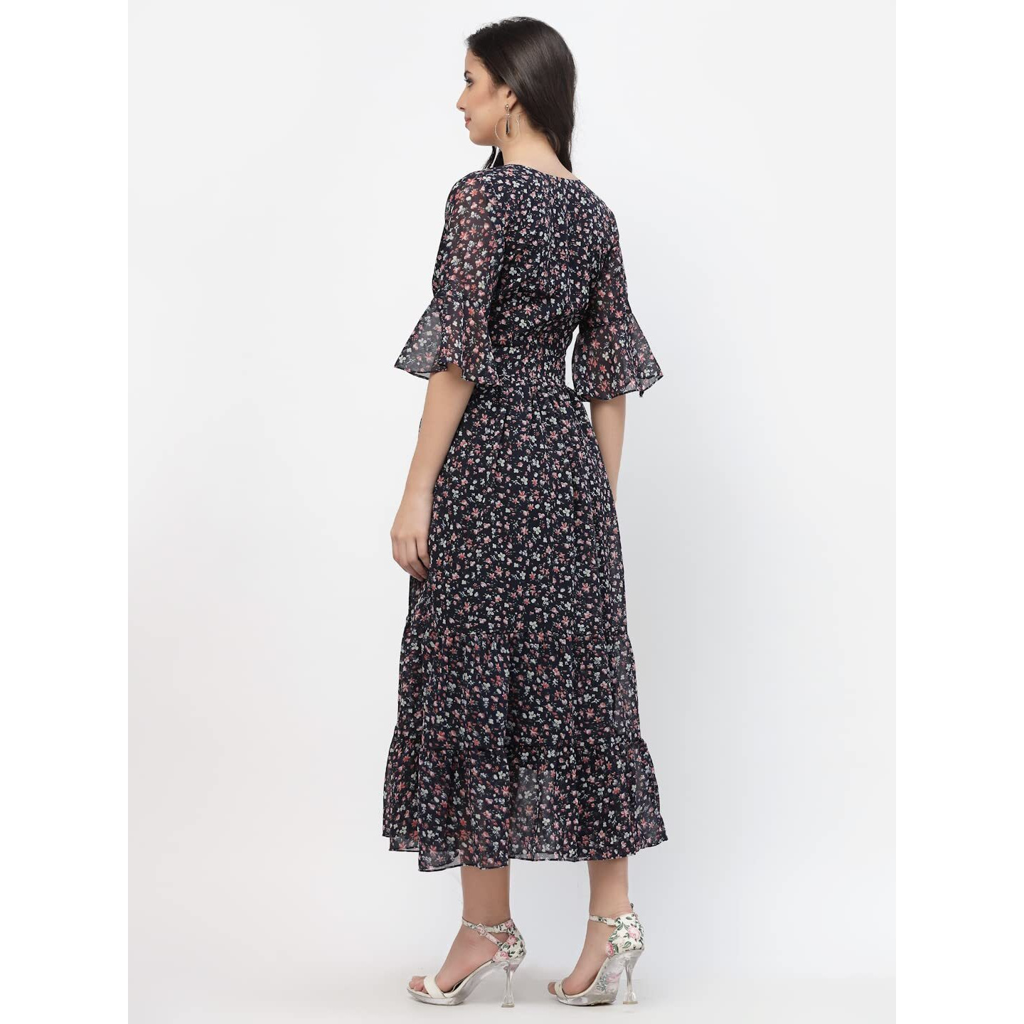 I Enterprise Women's Georgette Fit And Flare Maxi Casual Dress (Ak/Ma32M_Black