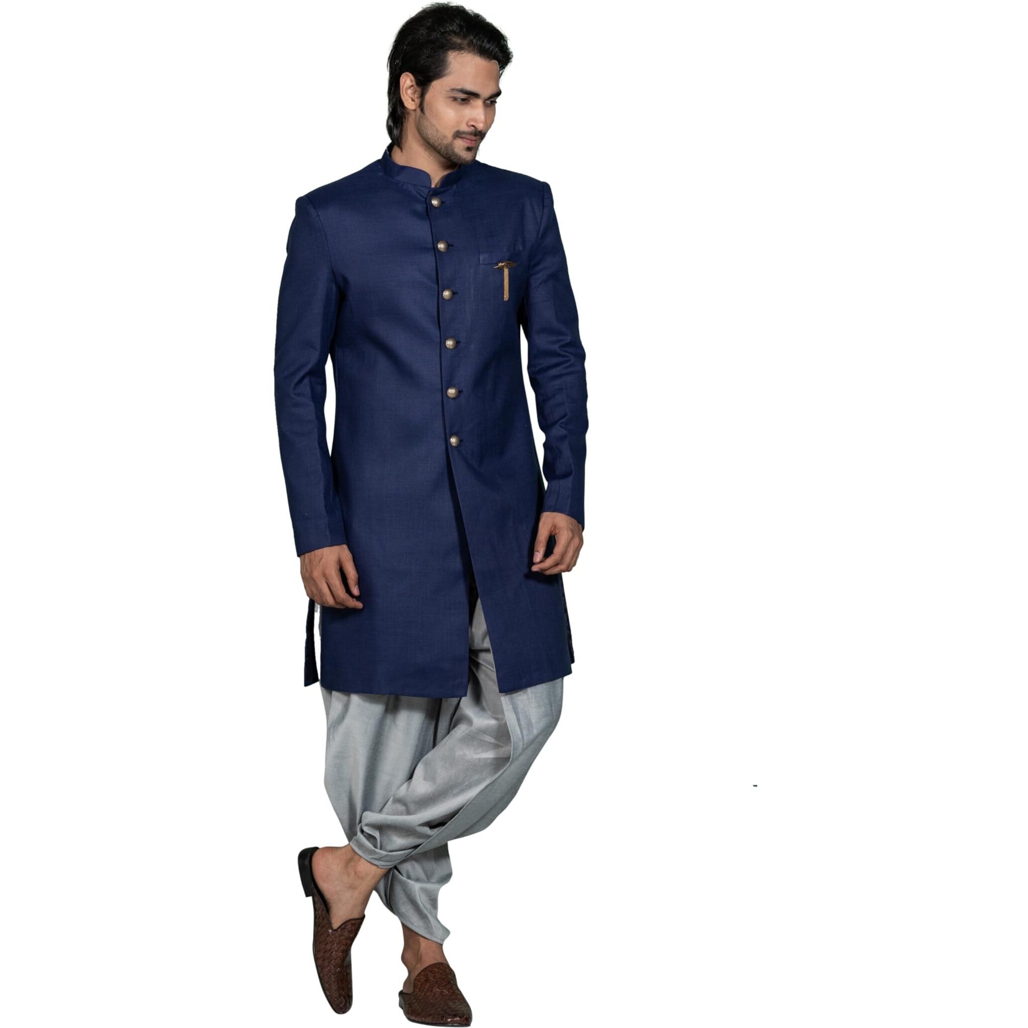 Kisah Mens Sherwani Dhoti Set Cotton Blend Solid Dyed, Indo-Western Ethnic Wear For Men, Blue, 42